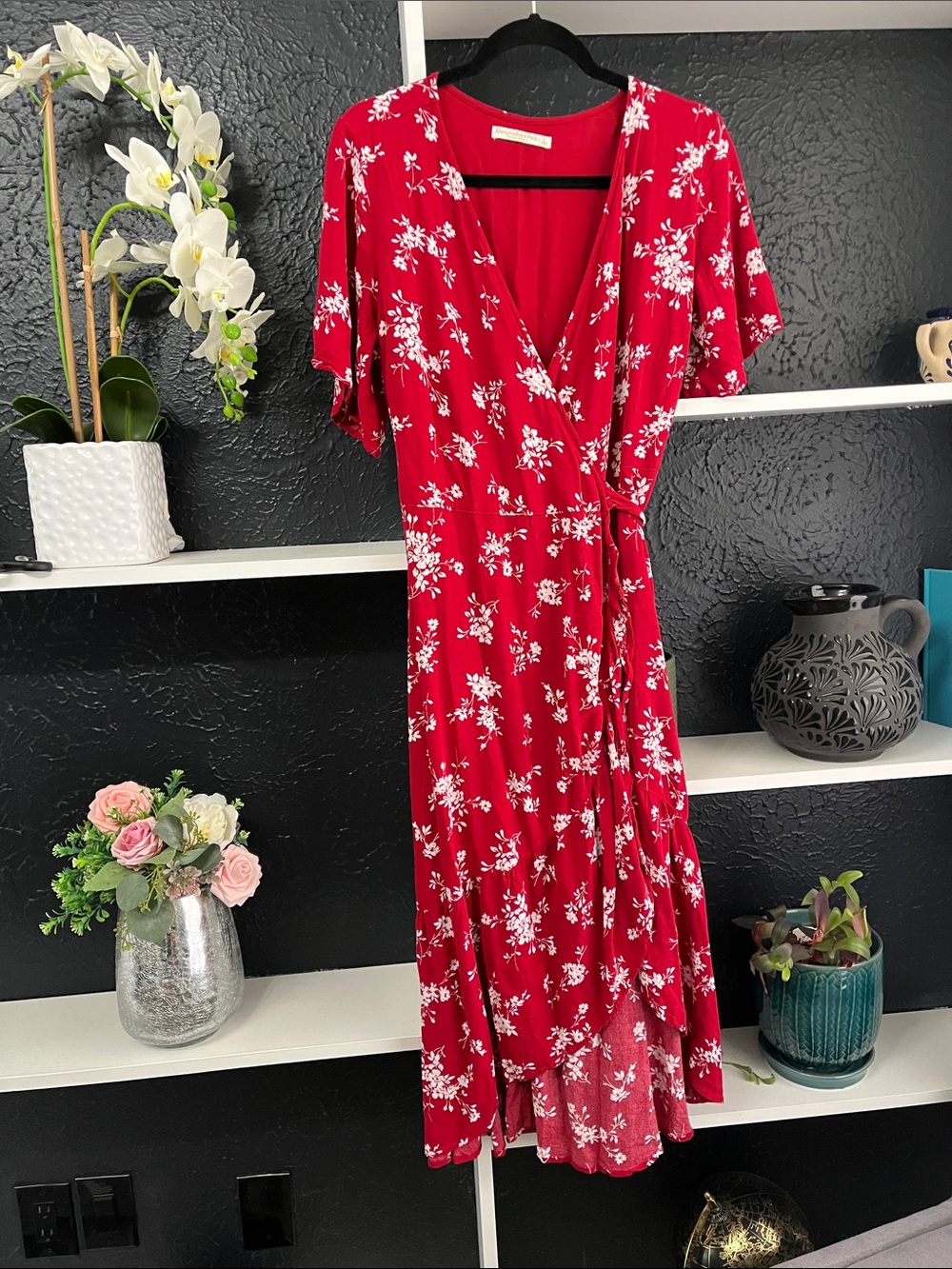 Abercrombie & Fitch Red Floral Wrap Midi Dress